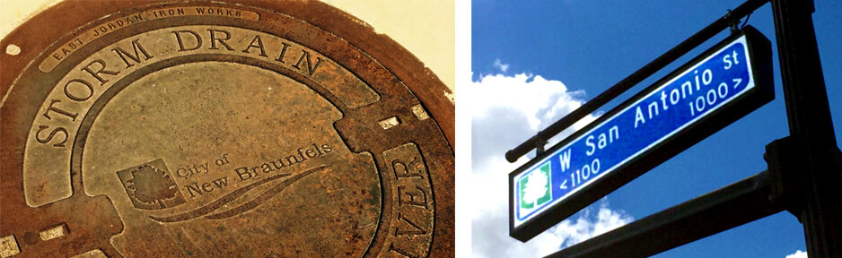 City New Braunfels, TX storm drain and street sign